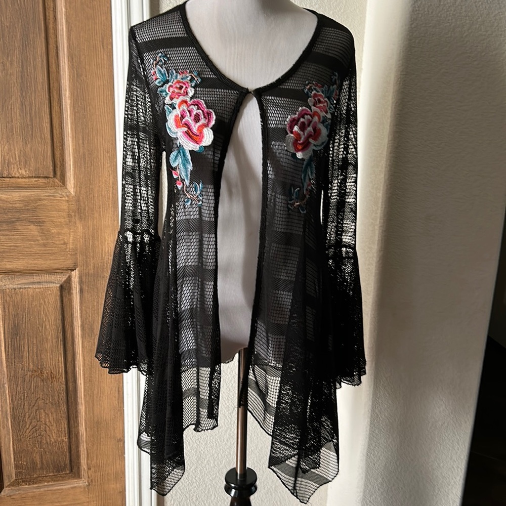 Womens Mesh Kimono Cover Up Dor Dor Couture Top Festival Beachy Black Medium
